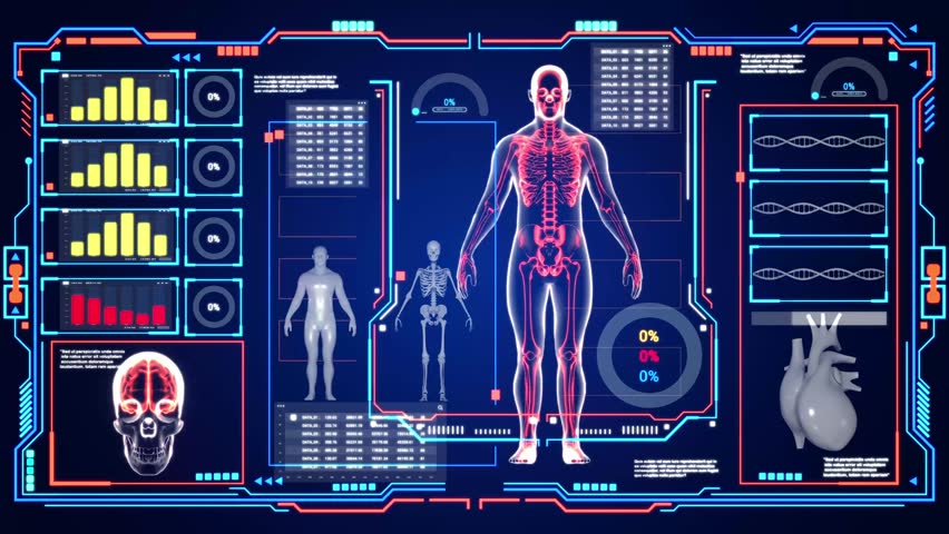 A computer monitor displays a human body with a heart and a skeleton. The image is in blue and red colors and has a futuristic feel to it - Powered by Shutterstock - Get 15% off with code: PIKWIZARD15
