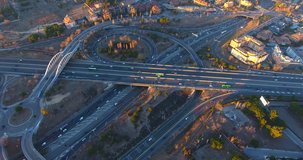 Aerial footage of Madrid city highway at early morning. Lateral movement - 017