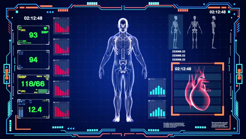 A computer monitor displays a human body with a heart and a skeleton. The image is in blue and red colors and has a futuristic feel to it - Powered by Shutterstock - Get 15% off with code: PIKWIZARD15