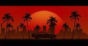 Animation of social media data processing over sun and palm trees on red background. Global social media, connections, computing and data processing concept digitally generated video.