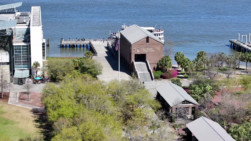 Fort sumter visitor center charleston south carolina. Aerial shot spring 2024.