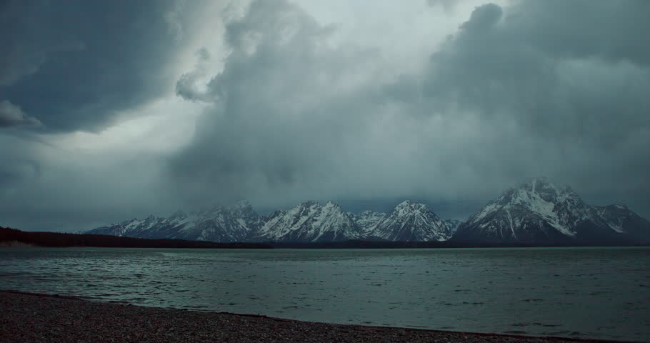 Timelapse shot of clounds over Grand Teton National Park, mountains of Grand Teton, Storm clouds over Jackson lake