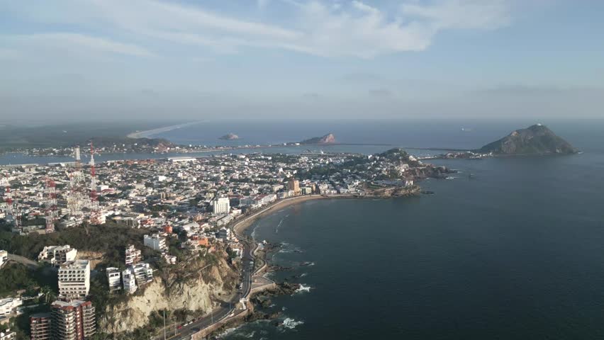 Aerial Drone panoramic landscape Mazatlan Mexican Coastal city town beach island pacific broad walk of Sinaloa, Magic Neighborhood in Latin America, Establishing Shot