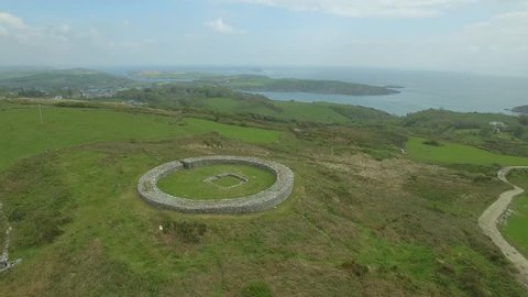 Aerial view over Knockdrum Ring Fort , a hill-top circular stone fort, Ireland