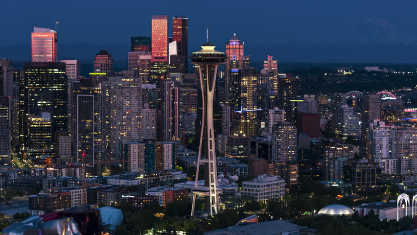 Blue Hour, Sunset Reflections, Downtown Seattle, Belltown, Aerial View Shot of Seattle WA, Washington USA, night, evening
