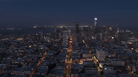 Aerial View Shot of San Francisco CA, California, United States, America, downtown, financial district, at night, evening, clear image: stockvideo