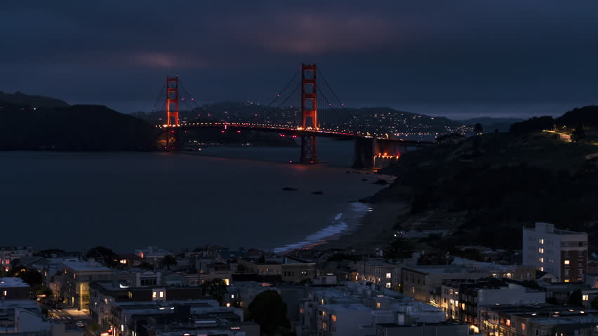 Aerial View Shot of San Francisco CA, California, United States, America, downtown, financial district, Golden Gate Bridge at night, evening, clear image