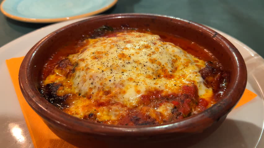 Traditional Italian eggplant parmigiana dish with melted cheese, 4K shot