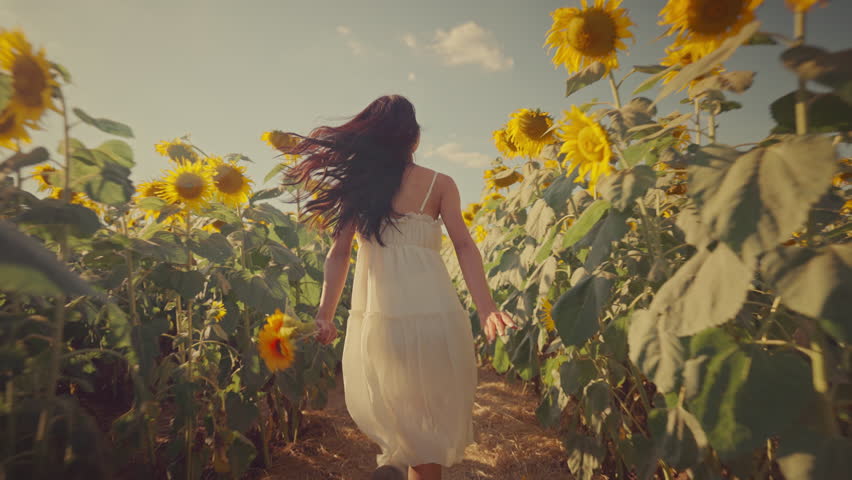 Free asian woman running on yellow sunflower field. Happy young woman jogging through field of a blooming sunflower during summer day. Freedom leisure concept. Slow motion