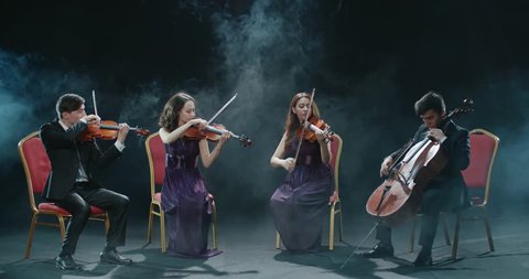 string musicians quartet during the performance of the symphony at the concert, black background with smoke
