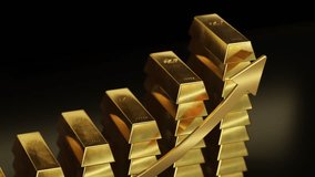 Stacked gold bars forming an upward trend graph against a dark background, symbolizing increasing gold prices. - Powered by Shutterstock - Get 15% off with code: PIKWIZARD15