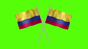Flag of Colombia, Pole flag of Colombia on Green screen chroma key, Colombia 3D Animation flag waving in the wind isolated on Green Background. 
