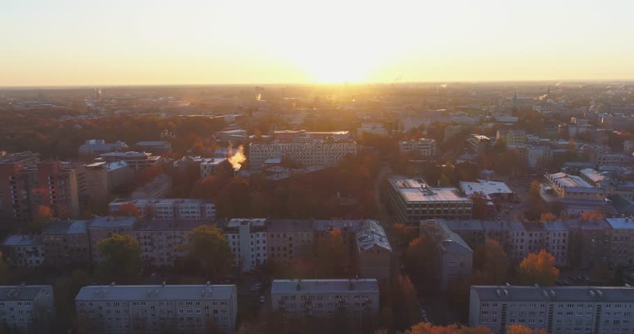 Riga city Autumn sunrise buildings living houses Drone