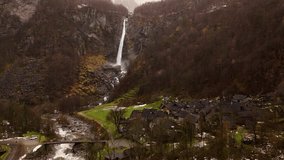 Waterfall in Foroglio, Ticino - Switzerland.
Big scenic waterfall during the winter season. 4k drone video of the Foroglio village and the waterfall.