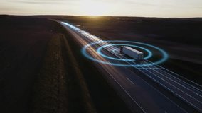 AI Visualization Concept: autonomous truck driving on autopilot on a highway with traffic sensors scanning surroundings. Artificial intelligence. Self driving. Car Scan, GPS Tracking, Smart Roads, 4k. - Powered by Shutterstock - Get 15% off with code: PIKWIZARD15