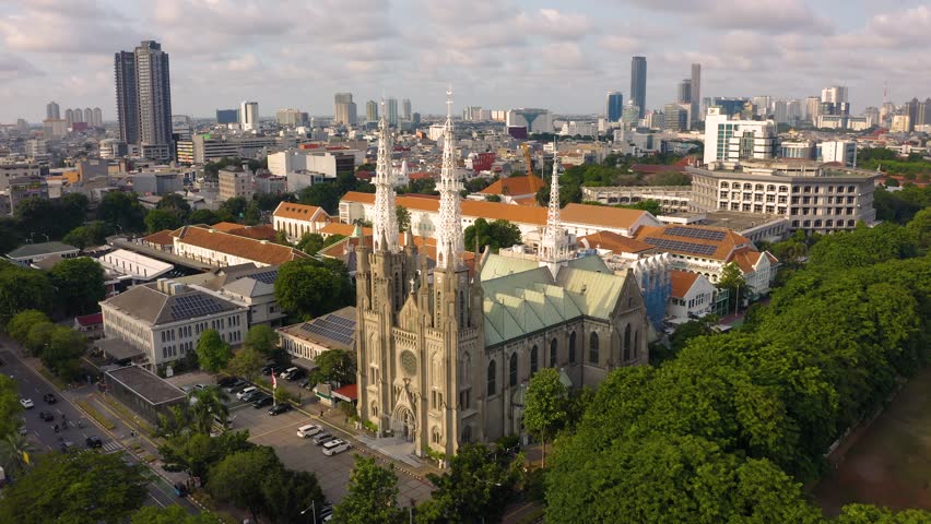 Aerial view of Jakarta Cathedral. It is located in Central Jakarta near Merdeka Square Royalty-Free Stock Footage #3471834589