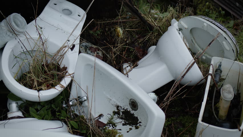 Abandoned white toilets with plants growing though them. Handheld detail of rubbish