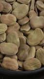 Close-up view of whole dry Fava Bean (Vicia faba) in bowl. Table spin. Vertical video.