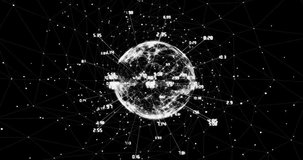 Animation of data processing and globe over white spots. Technology and digital interface concept digitally generated video.