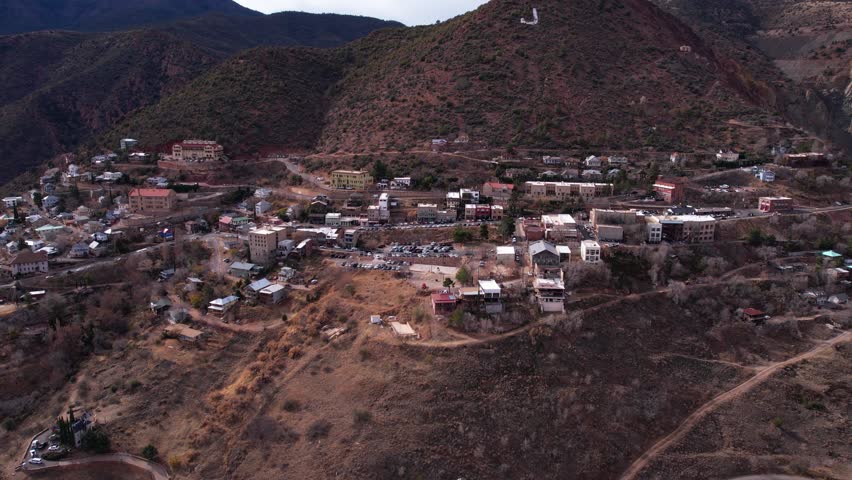 Jerome, Arizona USA. Aerial View of Hillside Buildings in Old Mining Town, Drone Shot