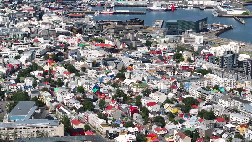 Reykjavik, Iceland, Drone Aerial View of Downtown Buildings on Sunny Summer Day