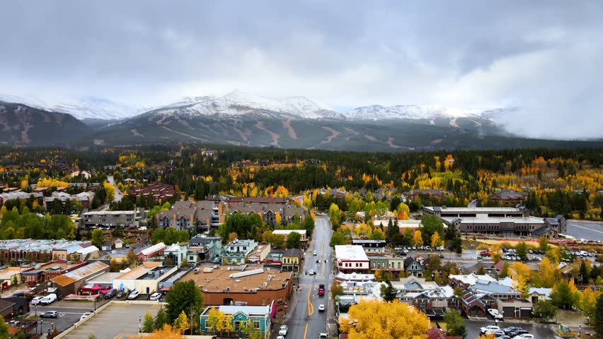 4K Aerial Drone Footage over Breckenridge small downtown in the Rocky Mountains of Colorado