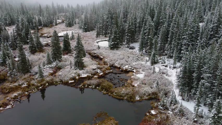 4k Aerial Drone Footage of Evergreen Trees and Small Lakes Covered in Snow near Breckenridge Colorado in Winter