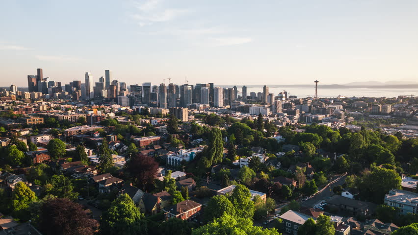 Day, Downtown Seattle, Aerial View Shot of Seattle WA, Washington USA
