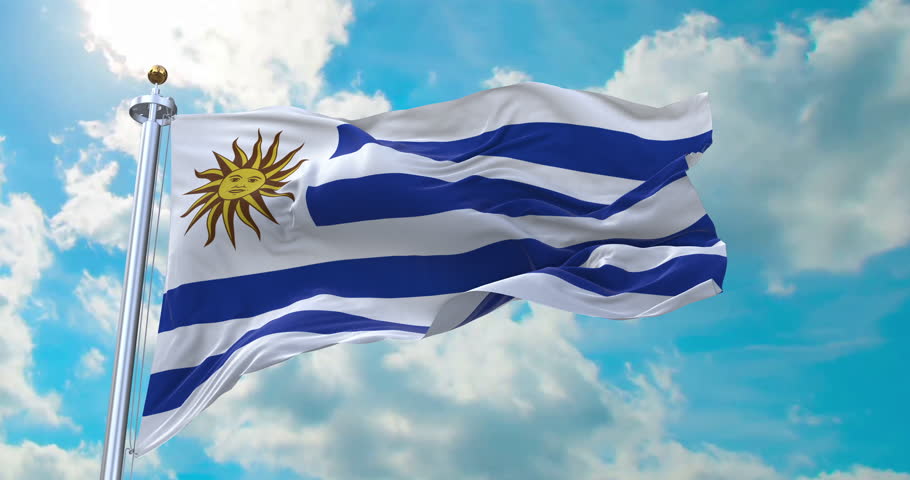 Flag of Uruguay realistic waving in the wind with cloud background (Perfect Loop)