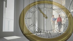 Animation of moving clock over diverse colleagues walking and discussing work in office. Business and digital interface concept digitally generated video. - Powered by Shutterstock - Get 15% off with code: PIKWIZARD15