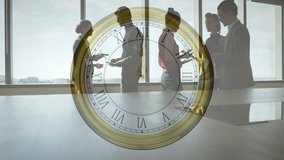 Animation of moving clock over diverse colleagues discussing work in office. Business and digital interface concept digitally generated video.