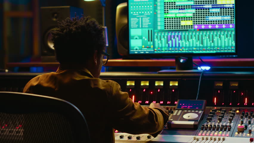 Sound designer uses mixing console and managing audio tracks, twisting knobs on control desk for adjusting tunes and volume. Producer creates music in professional studio, technical gear. Camera A.