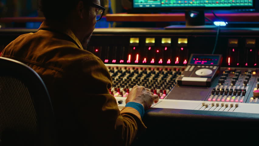 African american producer working at mixing panel in recording studio. Using control desk and digital audio workstation software on pc to edit and process tracks, post production concept. Camera A.