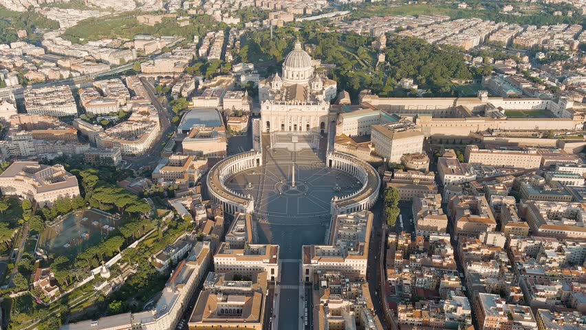 Rome, Italy. View of the Vatican. Basilica di San Pietro, Piazza San Pietro. Flight over the city. Morning hours. Stable, Aerial View, Departure of the camera