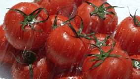 4K slow motion video of washing tomatoes in the shower.