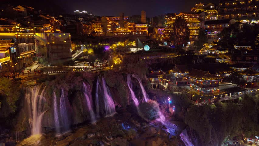 Beautiful landscape at the Furong old Town with lighting waterfall, The famous tourist destination at Hunan Province, China