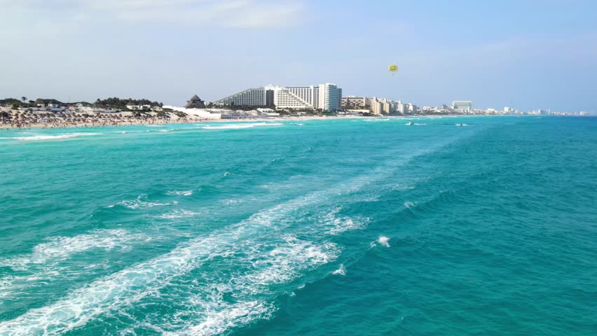 Aerial view of the beaches on Cancun Hotel Zone, Quintana Roo.