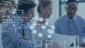 Animation of data processing and icons over diverse business people discussing work in office. Technology and digital interface concept digitally generated video. - Powered by Shutterstock - Get 15% off with code: PIKWIZARD15