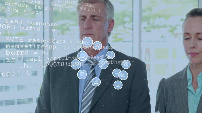 Animation of data processing and icons over diverse business people with eyes closed in office. Technology and digital interface concept digitally generated video. - Powered by Shutterstock - Get 15% off with code: PIKWIZARD15