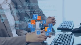 Animation of data processing and icons over caucasian business people clapping hands in office. Technology and digital interface concept digitally generated video. - Powered by Shutterstock - Get 15% off with code: PIKWIZARD15