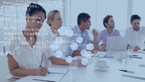 Animation of data processing and icons over diverse business people discussing work in office. Technology and digital interface concept digitally generated video. - Powered by Shutterstock - Get 15% off with code: PIKWIZARD15