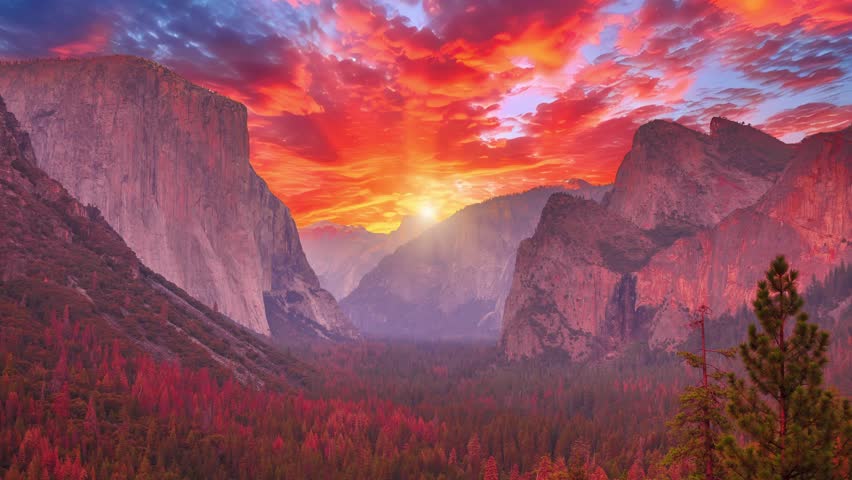 Tunnel View vista during the golden hour in Yosemite National Park. Marvel at the silhouette of El Capitan and Half Dome against a fiery red sunset backdrop. Summer in America