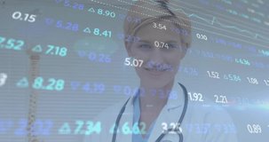 Animation of data processing and diagrams over caucasian female doctor smiling. Technology, medicine and digital interface concept digitally generated video.