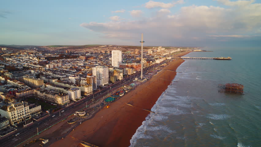 Incredible colours and tones,  Aerial View Shot of Brighton UK, Brighton and Hove, England United Kingdom, sunset, golden hour Royalty-Free Stock Footage #3472157789