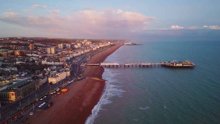Incredible colours and tones,  Aerial View Shot of Brighton UK, Brighton and Hove, England United Kingdom, sunset, golden hour Royalty-Free Stock Footage #3472159903