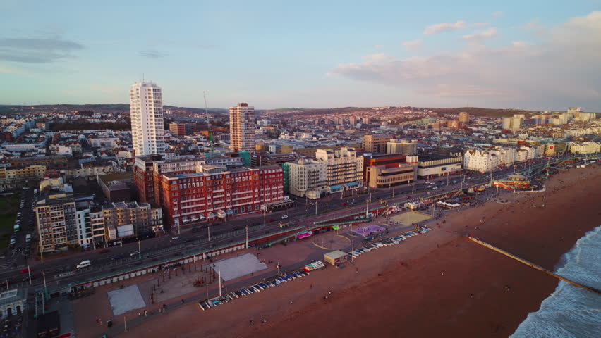 Incredible colours and tones,  Aerial View Shot of Brighton UK, Brighton and Hove, England United Kingdom, sunset, golden hour Royalty-Free Stock Footage #3472163329