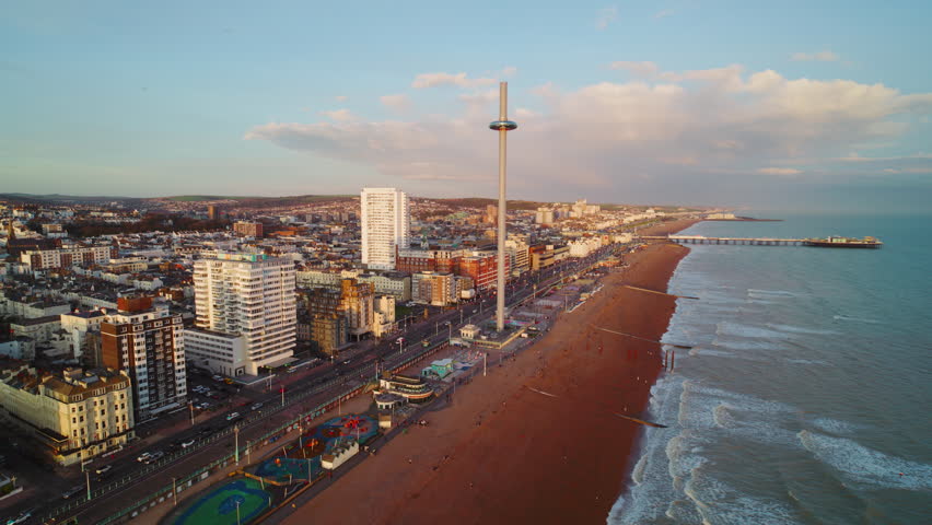 Incredible colours and tones,  Aerial View Shot of Brighton UK, Brighton and Hove, England United Kingdom, sunset, golden hour Royalty-Free Stock Footage #3472178901