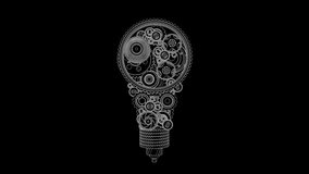 Gears and cogs interlock, forming a light bulb shape, their movements sketched in white lines on a black background. - Powered by Shutterstock - Get 15% off with code: PIKWIZARD15