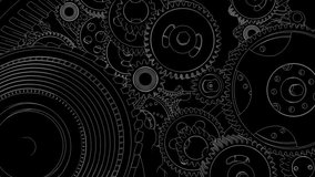 Intricate mechanism of rotating gears and cogs, animated as a technical drawing with white lines against a dark backdrop. - Powered by Shutterstock - Get 15% off with code: PIKWIZARD15