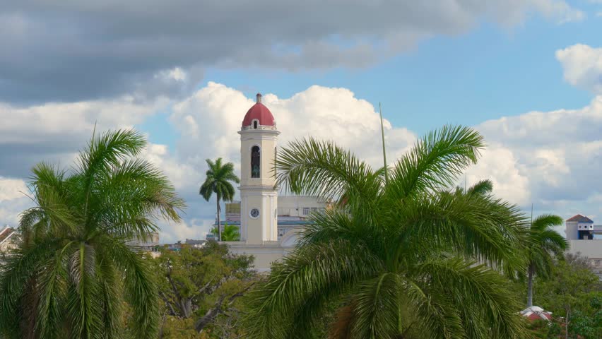 CIENFUEGOS, CUBA: Aerial view from the top of Cathedral of Immaculate Conception, located on Marti square in center of Cuban city. Towers in Cathedral of the Immaculate Conception, Cienfuegos, Cuba